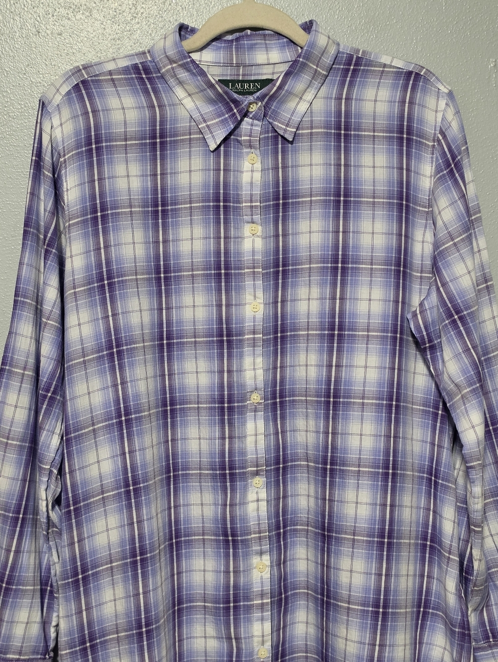 LAUREN RALPH LAUREN Button Down Womens XL Purple White Plaid Preppy Coastal - Picture 3 of 8